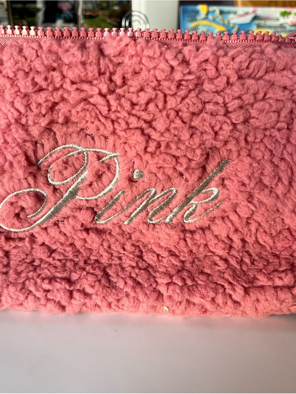 PINK Victoria's Secret Coral Pink Sherpa Cosmetic Pouch